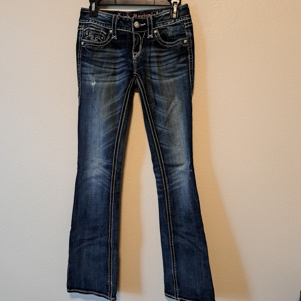 Rock Revival Alanis Bootcut Jeans Dark Wash Fleur De Lis Stitching Size 27